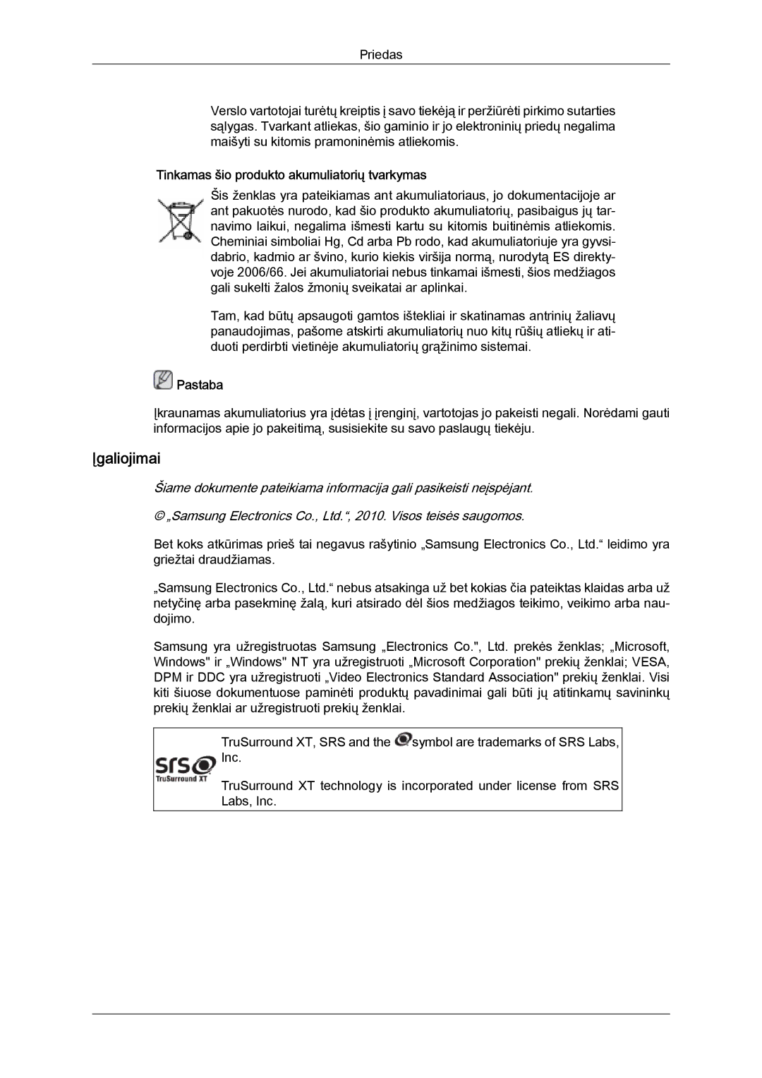 Samsung LH40HBPLBC/EN, LH46HBPLBC/EN manual Įgaliojimai, Tinkamas šio produkto akumuliatorių tvarkymas 