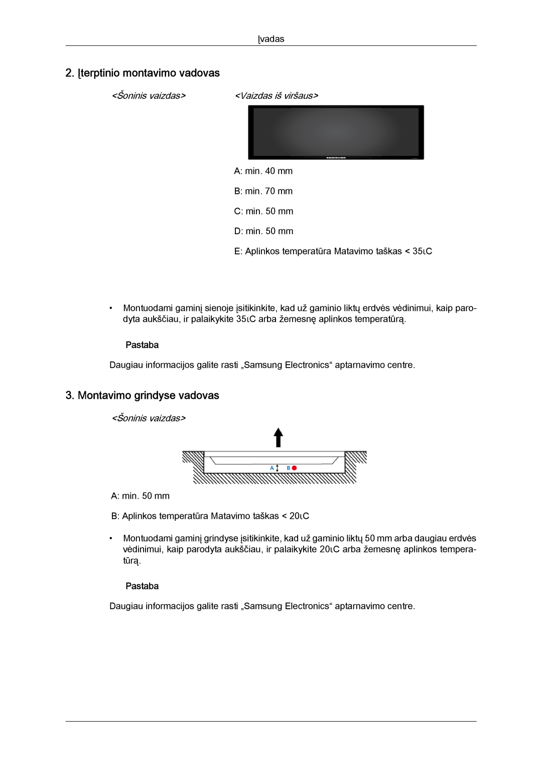 Samsung LH40HBPLBC/EN, LH46HBPLBC/EN manual Įterptinio montavimo vadovas, Montavimo grindyse vadovas 