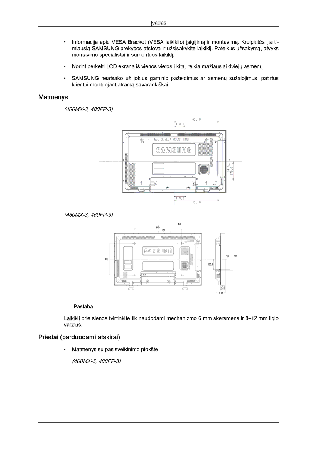 Samsung LH40HBPLBC/EN, LH46HBPLBC/EN manual Matmenys, Priedai parduodami atskirai 