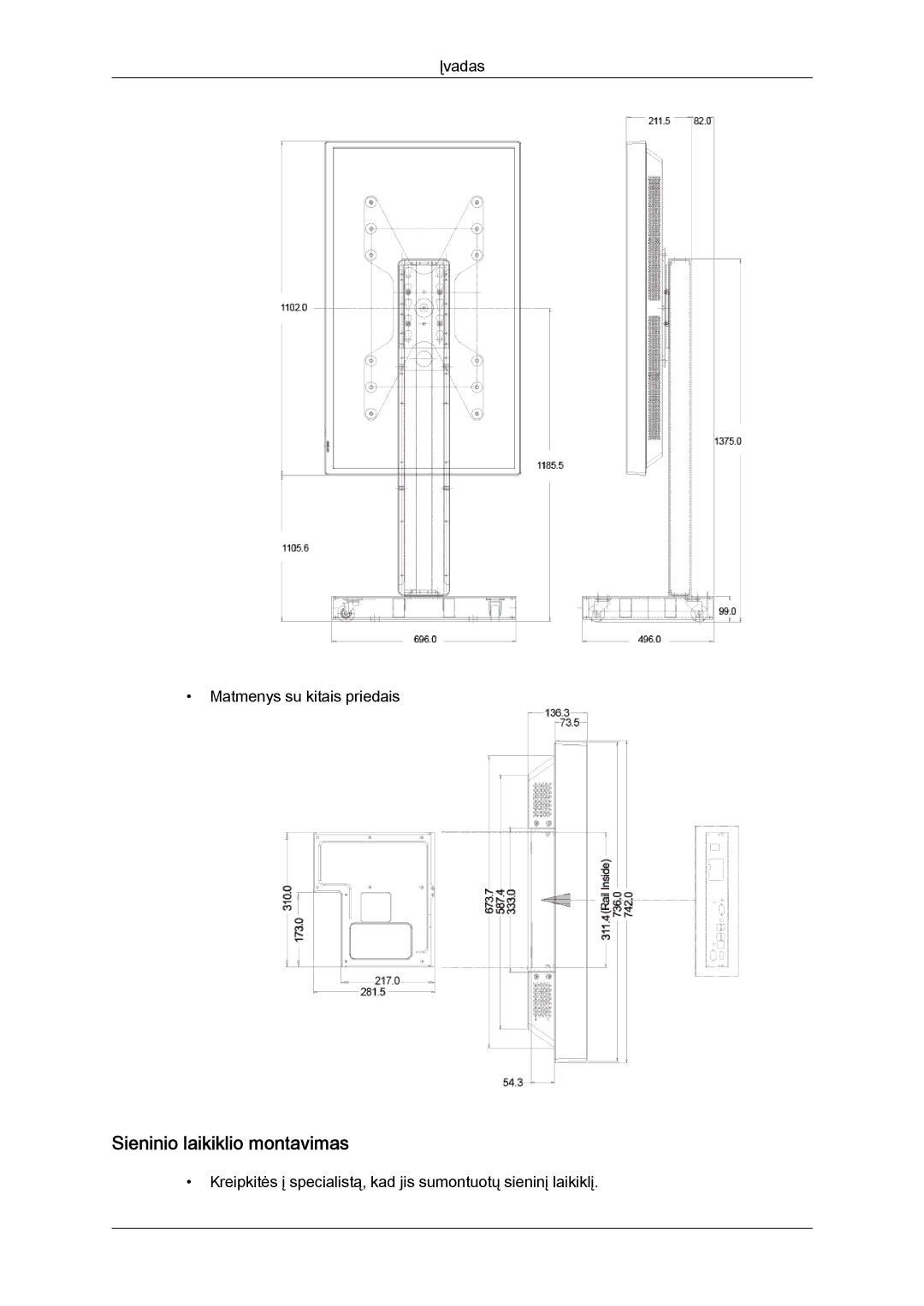 Samsung LH40HBPLBC/EN, LH46HBPLBC/EN manual Sieninio laikiklio montavimas 