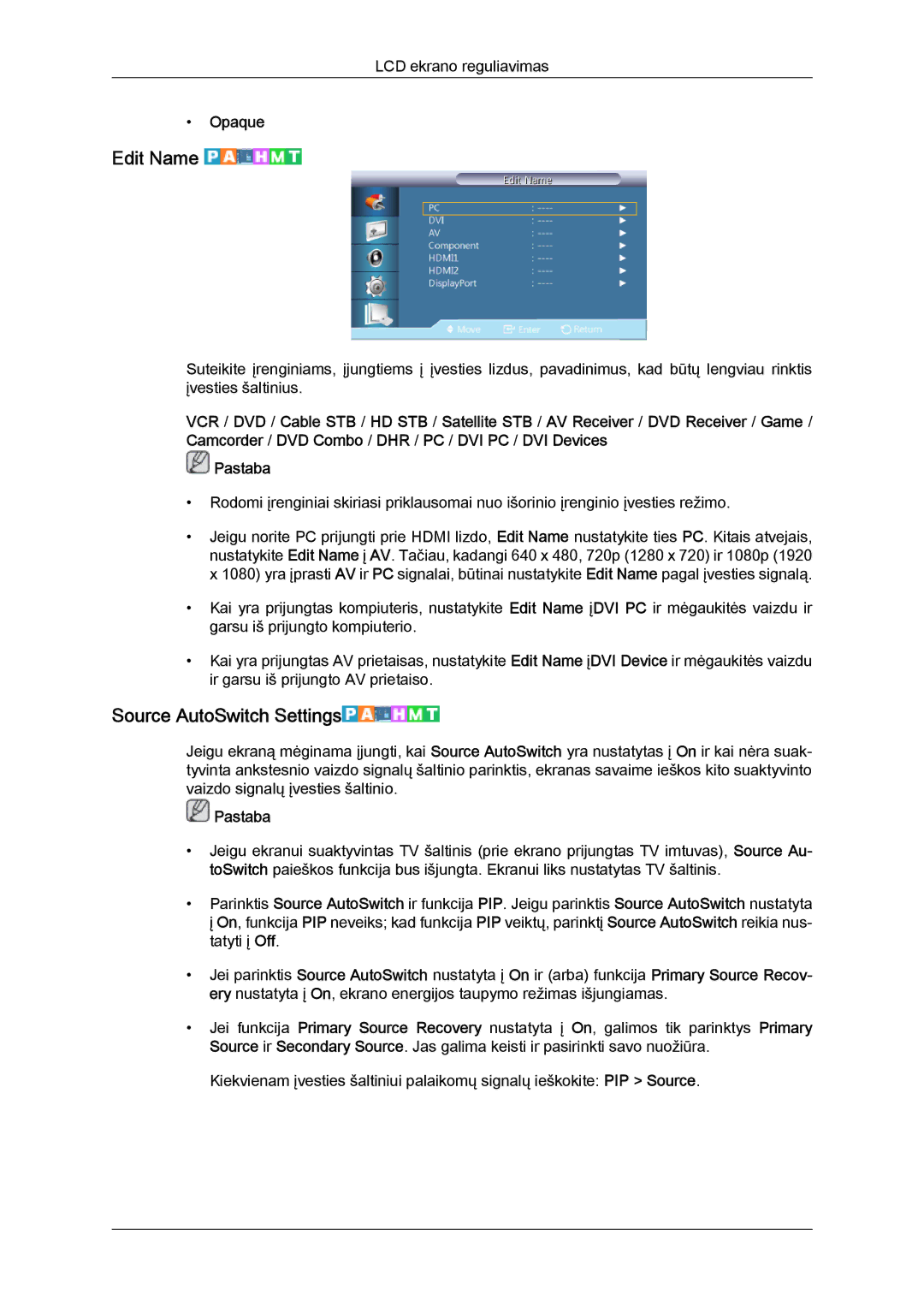 Samsung LH46HBPLBC/EN, LH40HBPLBC/EN manual Edit Name, Source AutoSwitch Settings, Opaque 