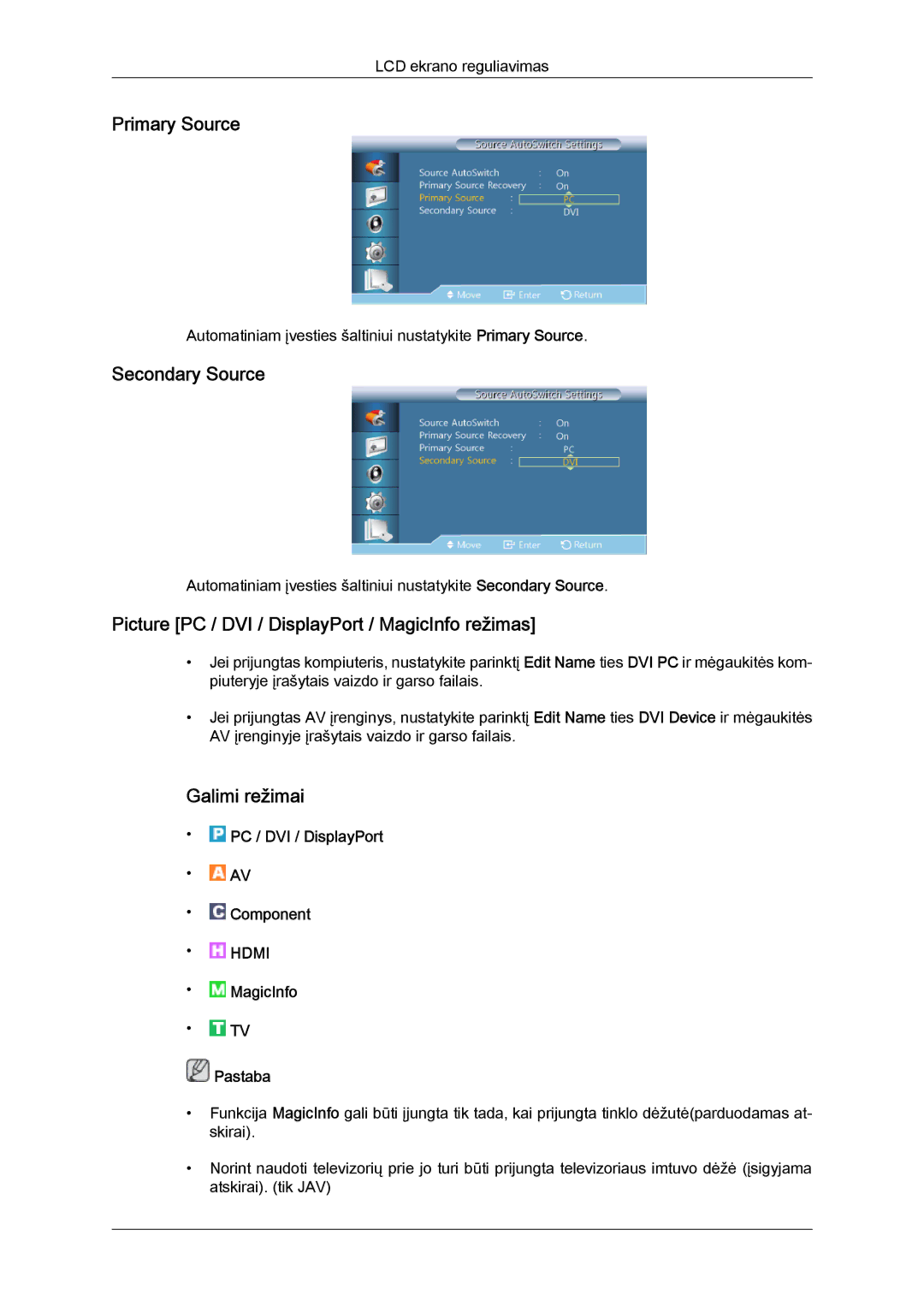 Samsung LH46HBPLBC/EN, LH40HBPLBC/EN Primary Source, Secondary Source, Picture PC / DVI / DisplayPort / MagicInfo režimas 