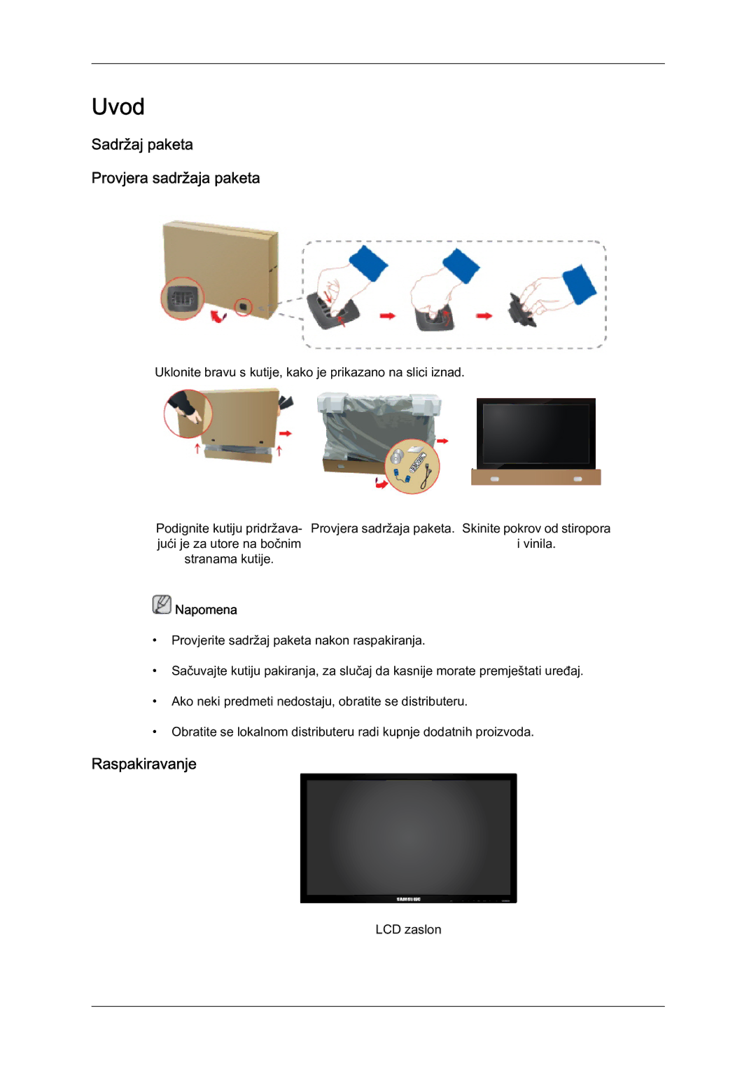 Samsung LH46HBPLBC/EN, LH40HBPLBC/EN manual Sadržaj paketa Provjera sadržaja paketa, Raspakiravanje 