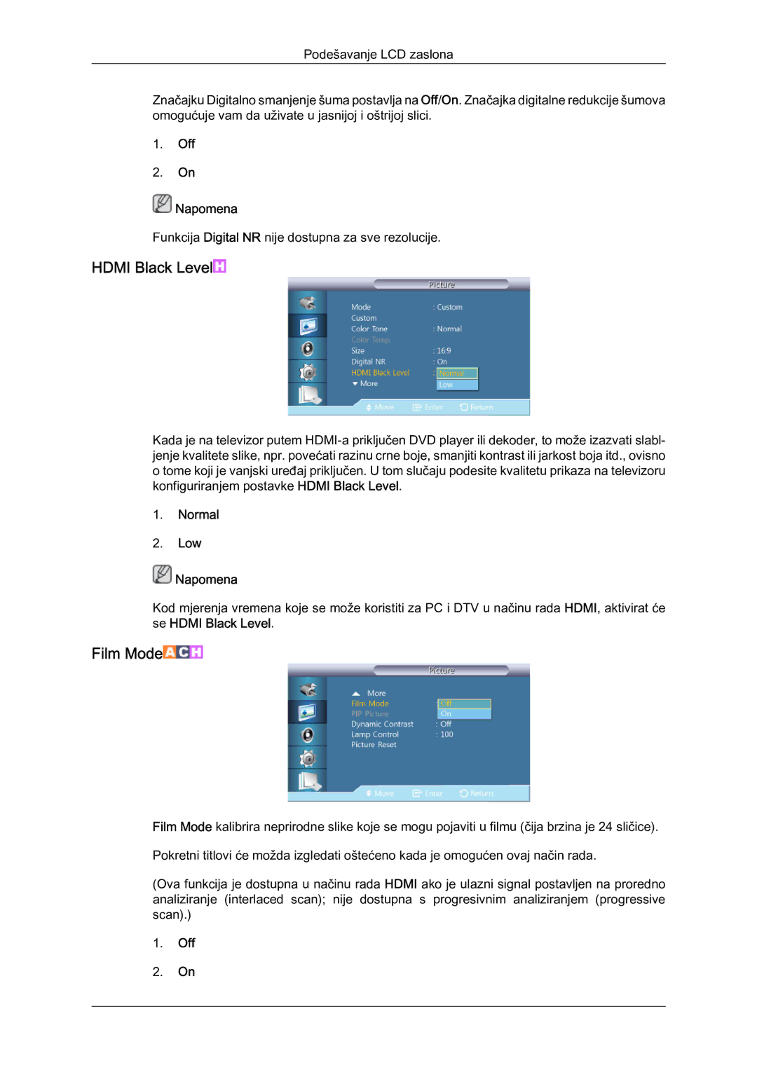 Samsung LH40HBPLBC/EN, LH46HBPLBC/EN manual Hdmi Black Level, Film Mode, Normal Low Napomena 