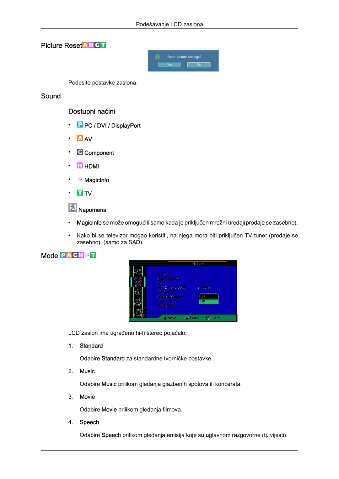 Samsung LH40HBPLBC/EN, LH46HBPLBC/EN manual Sound Dostupni načini, Music, Speech 