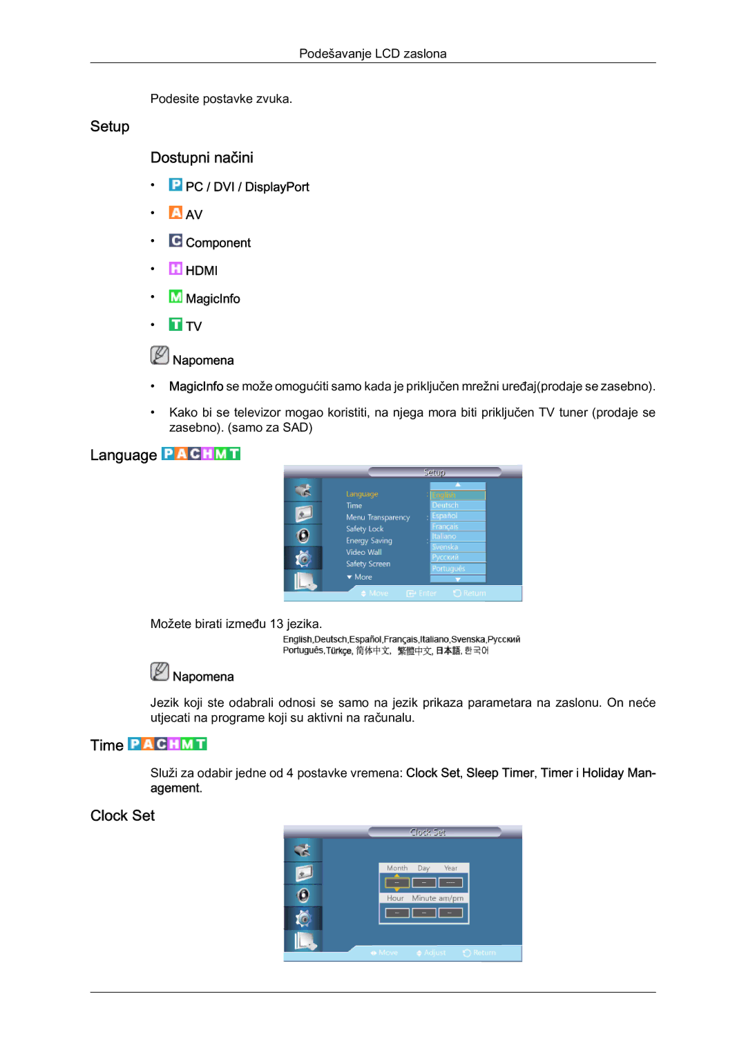 Samsung LH46HBPLBC/EN, LH40HBPLBC/EN manual Setup Dostupni načini, Language, Time, Clock Set 