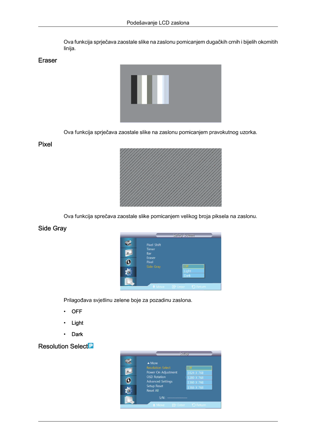 Samsung LH40HBPLBC/EN, LH46HBPLBC/EN manual Eraser, Pixel, Side Gray, Resolution Select, Light Dark 