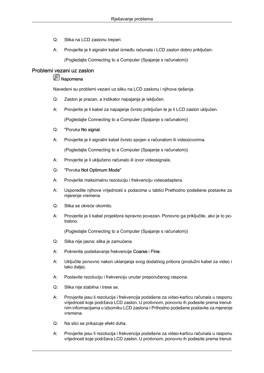 Samsung LH46HBPLBC/EN, LH40HBPLBC/EN manual Problemi vezani uz zaslon, Poruka Not Optimum Mode 