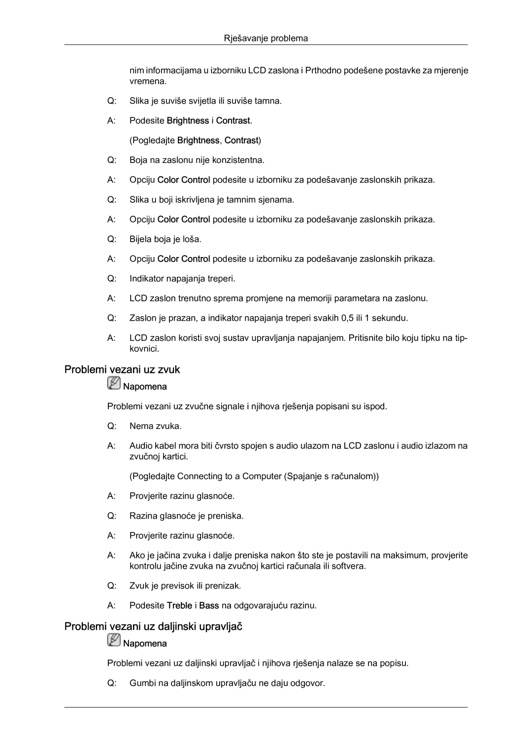 Samsung LH40HBPLBC/EN, LH46HBPLBC/EN manual Problemi vezani uz zvuk, Problemi vezani uz daljinski upravljač 