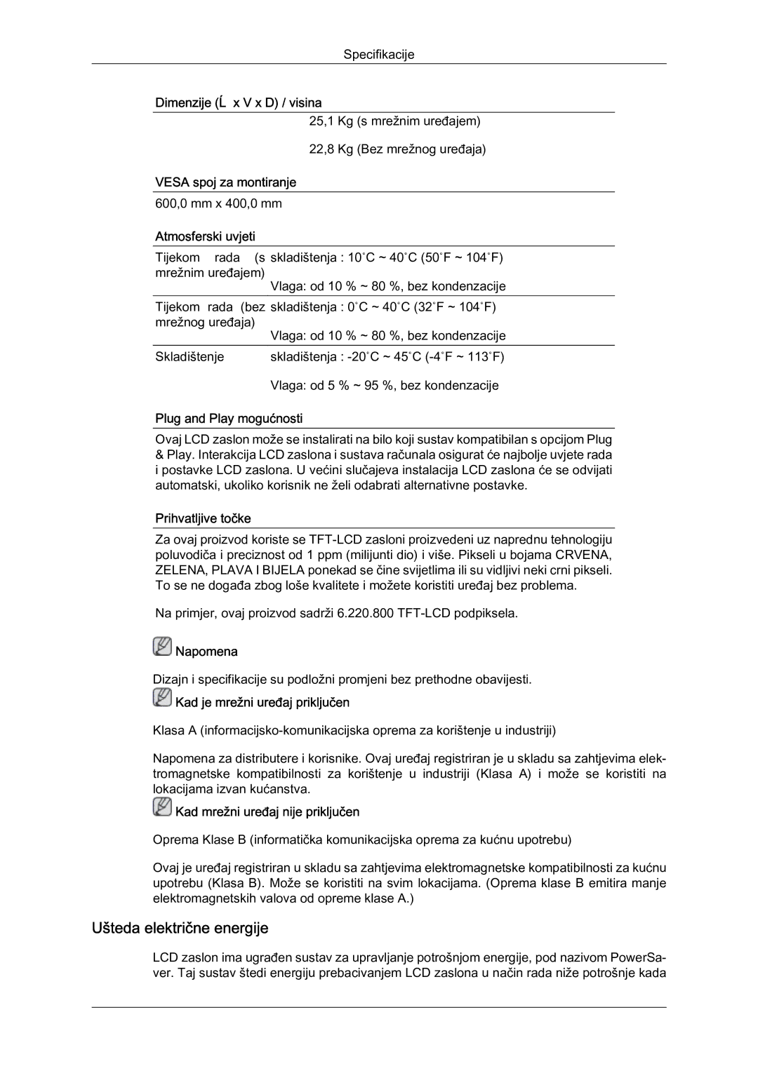 Samsung LH40HBPLBC/EN, LH46HBPLBC/EN manual Ušteda električne energije 