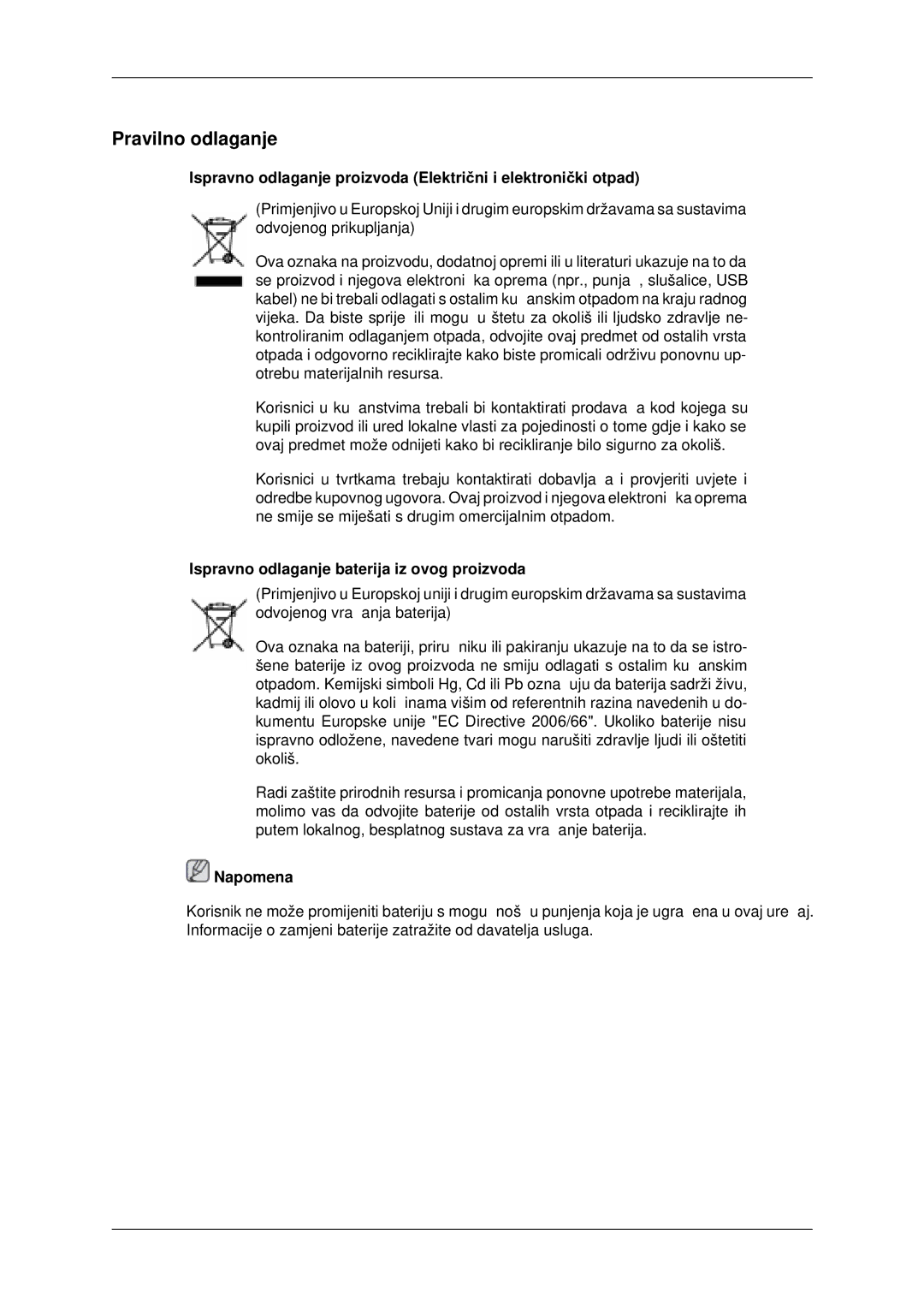 Samsung LH40HBPLBC/EN, LH46HBPLBC/EN manual Pravilno odlaganje, Ispravno odlaganje baterija iz ovog proizvoda 