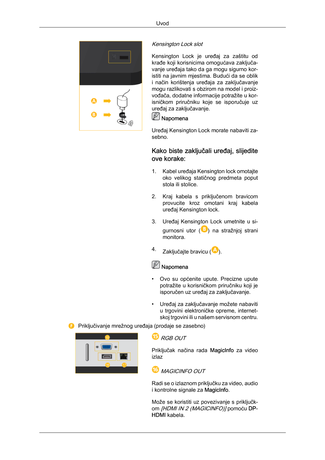 Samsung LH40HBPLBC/EN, LH46HBPLBC/EN manual Kako biste zaključali uređaj, slijedite ove korake, Kensington Lock slot 