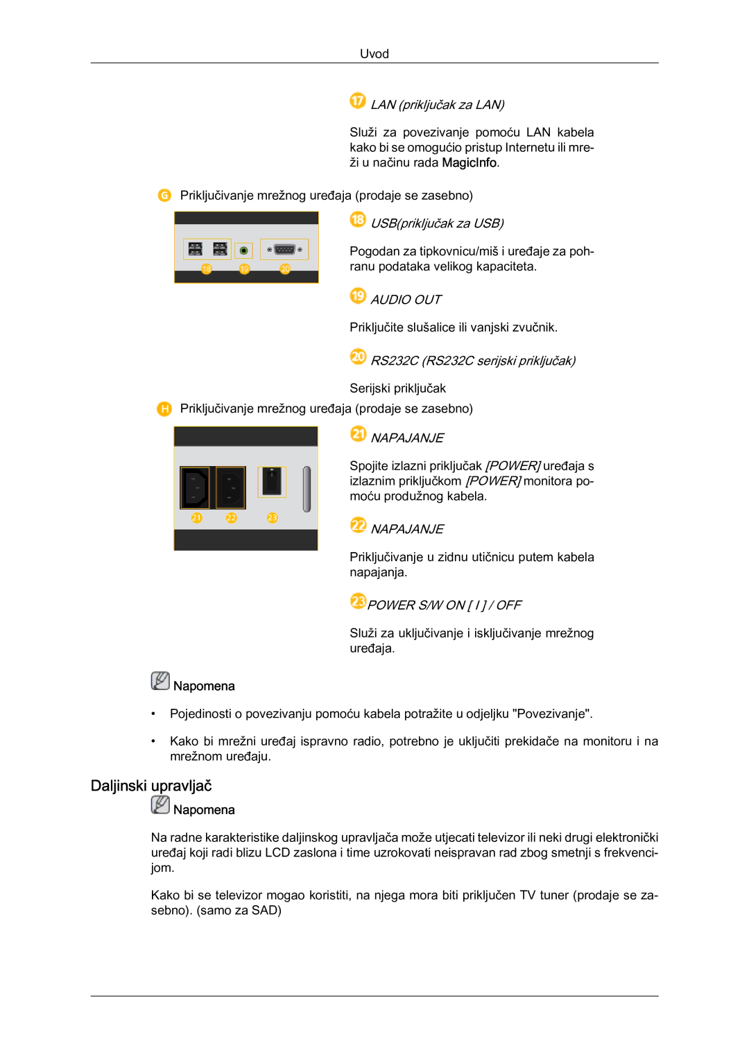 Samsung LH46HBPLBC/EN, LH40HBPLBC/EN manual Daljinski upravljač, LAN priključak za LAN 