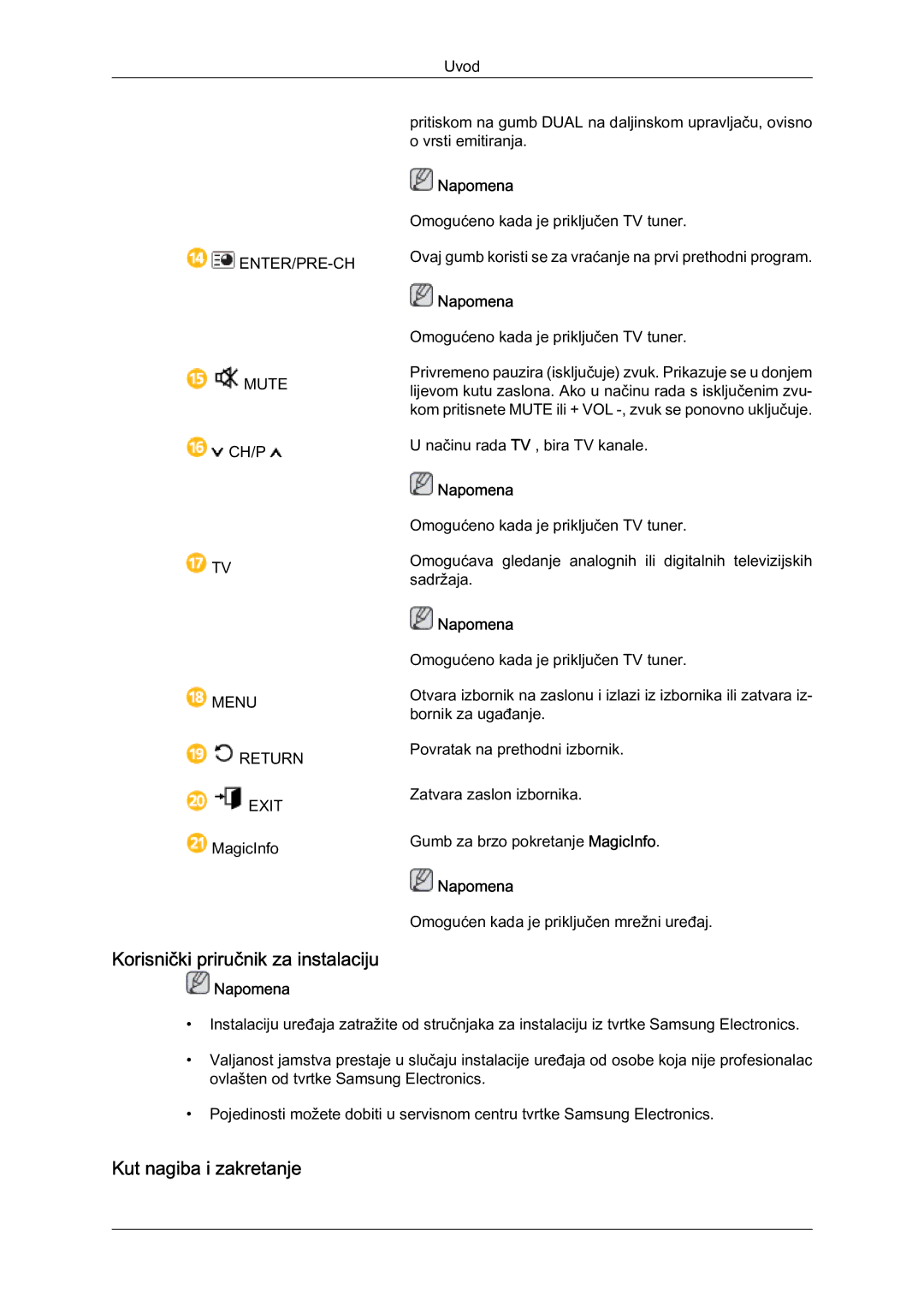 Samsung LH40HBPLBC/EN, LH46HBPLBC/EN manual Kut nagiba i zakretanje, Omogućeno kada je priključen TV tuner 