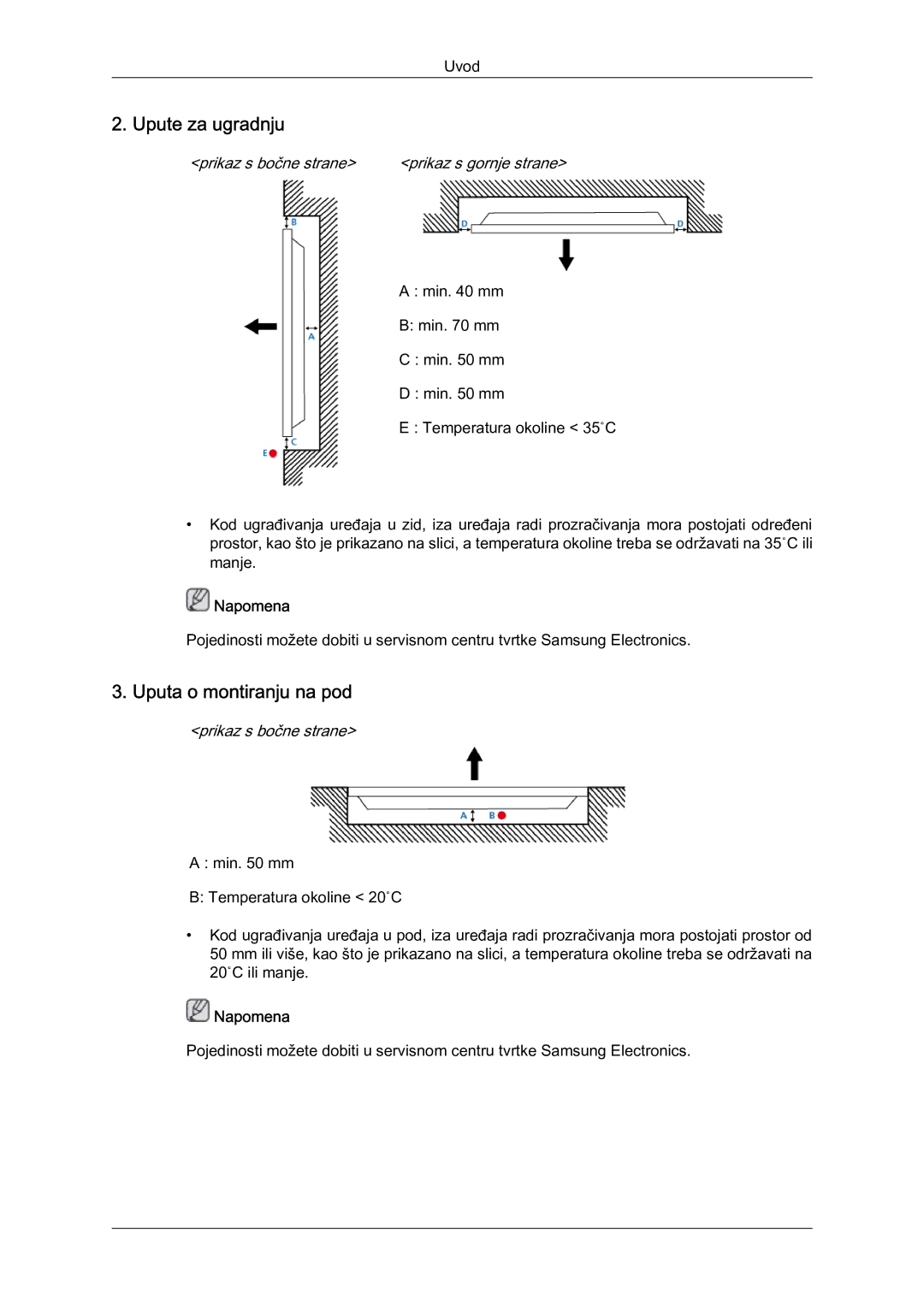 Samsung LH40HBPLBC/EN, LH46HBPLBC/EN manual Upute za ugradnju, Uputa o montiranju na pod 