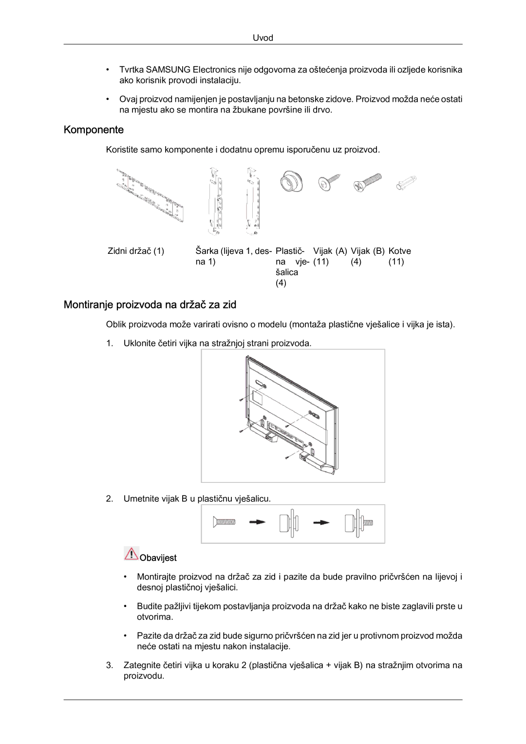 Samsung LH46HBPLBC/EN, LH40HBPLBC/EN manual Komponente, Montiranje proizvoda na držač za zid 