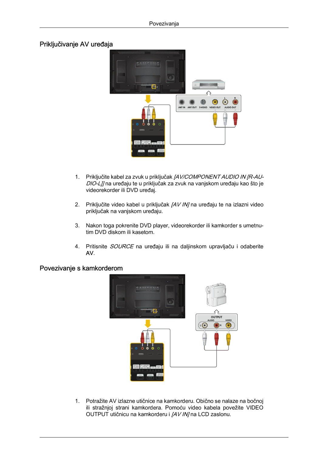 Samsung LH46HBPLBC/EN, LH40HBPLBC/EN manual Priključivanje AV uređaja, Povezivanje s kamkorderom 