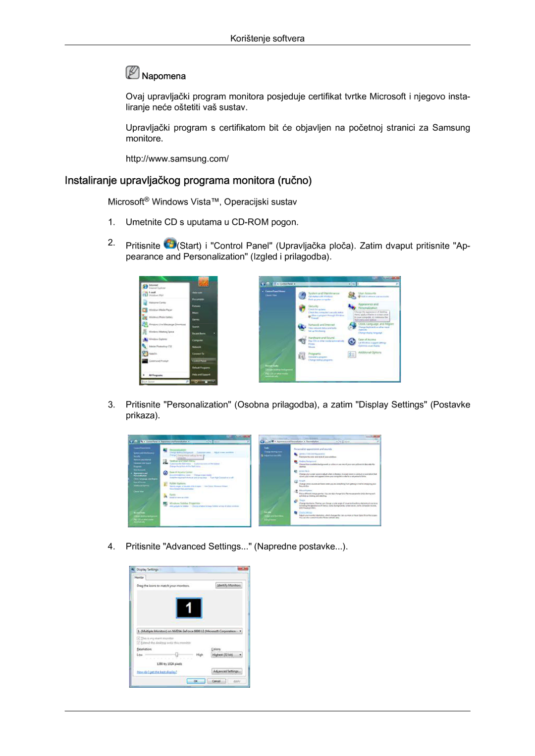 Samsung LH46HBPLBC/EN, LH40HBPLBC/EN manual Instaliranje upravljačkog programa monitora ručno 