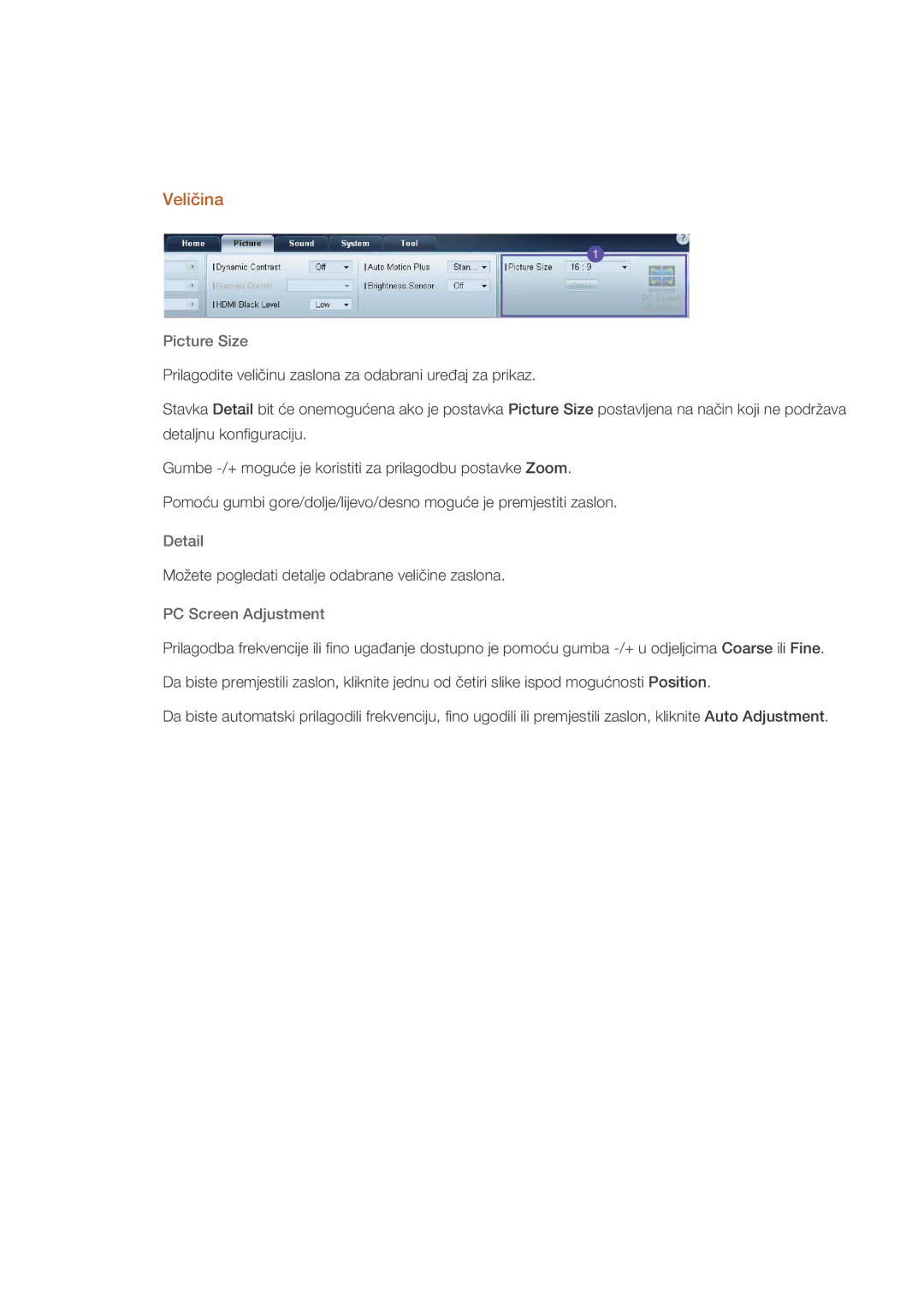 Samsung LH40HBPLBC/EN, LH46HBPLBC/EN manual Veličina, Picture Size, Detail, PC Screen Adjustment 