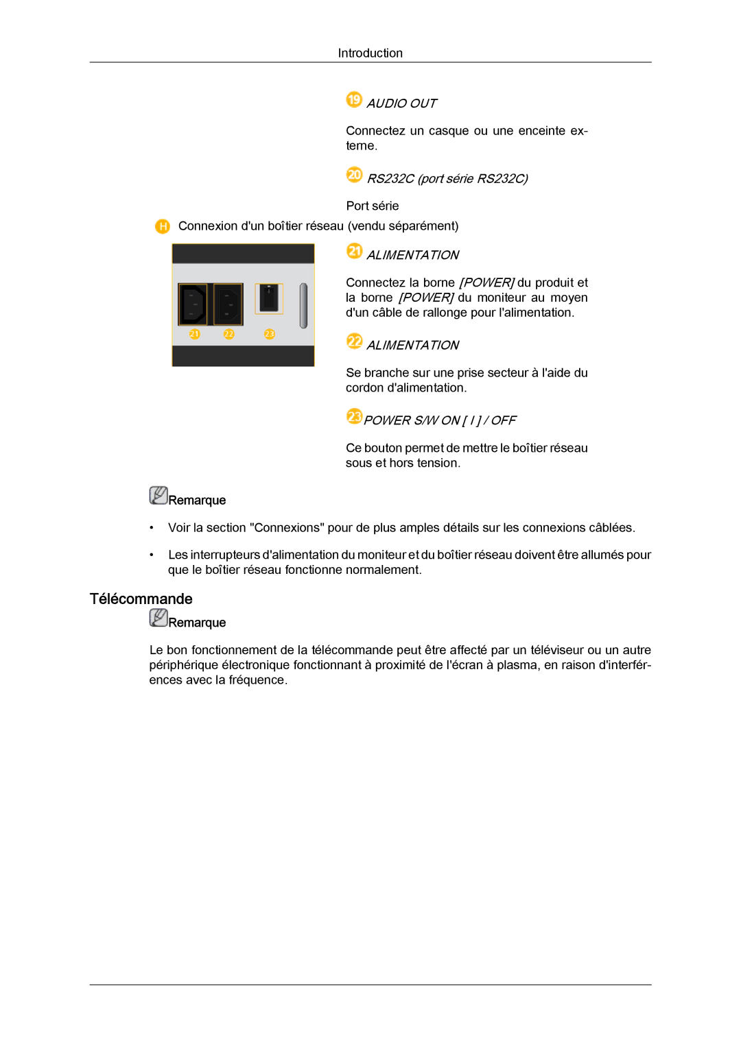 Samsung LH40HBPLBC/EN, LH46HBPLBC/EN manual Télécommande, RS232C port série RS232C, Alimentation, Power S/W on I / OFF 