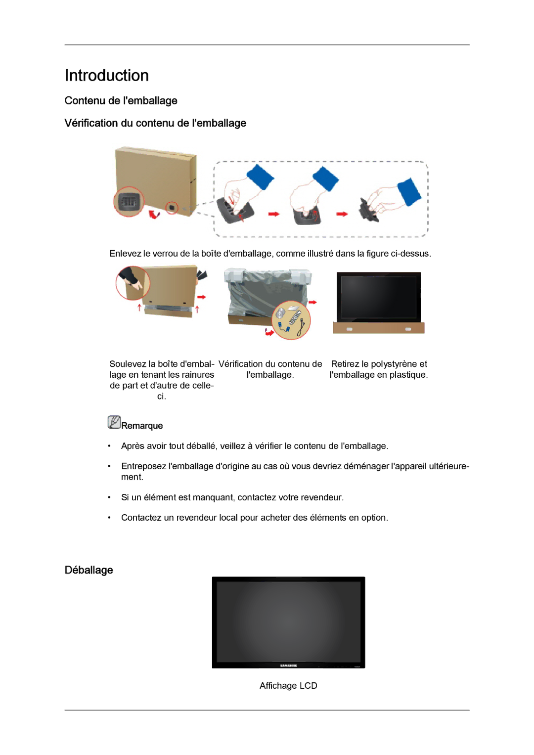 Samsung LH40HBPLBC/EN, LH46HBPLBC/EN, LH40MGQLBC/EN Contenu de lemballage Vérification du contenu de lemballage, Déballage 