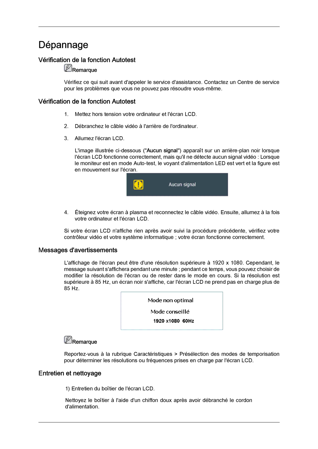 Samsung LH40MGQPBC/EN manual Vérification de la fonction Autotest, Messages davertissements, Entretien et nettoyage 