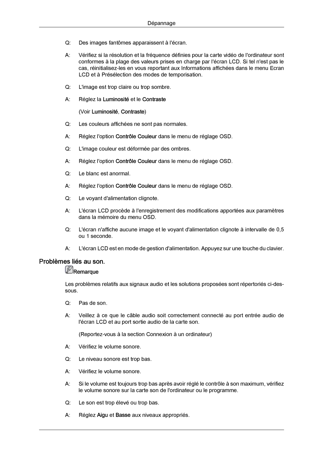 Samsung LH40HBPLBC/EN, LH46HBPLBC/EN, LH40MGQLBC/EN, LH40MGQPBC/EN manual Problèmes liés au son 