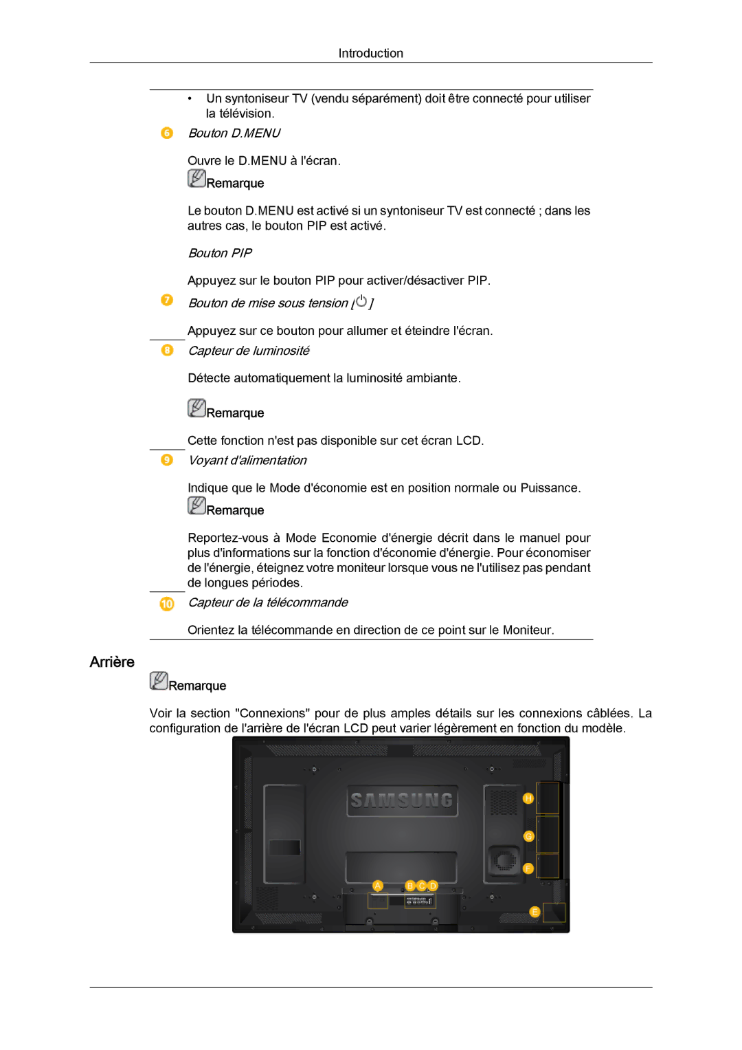 Samsung LH40MGQLBC/EN, LH46HBPLBC/EN, LH40HBPLBC/EN, LH40MGQPBC/EN manual Arrière 