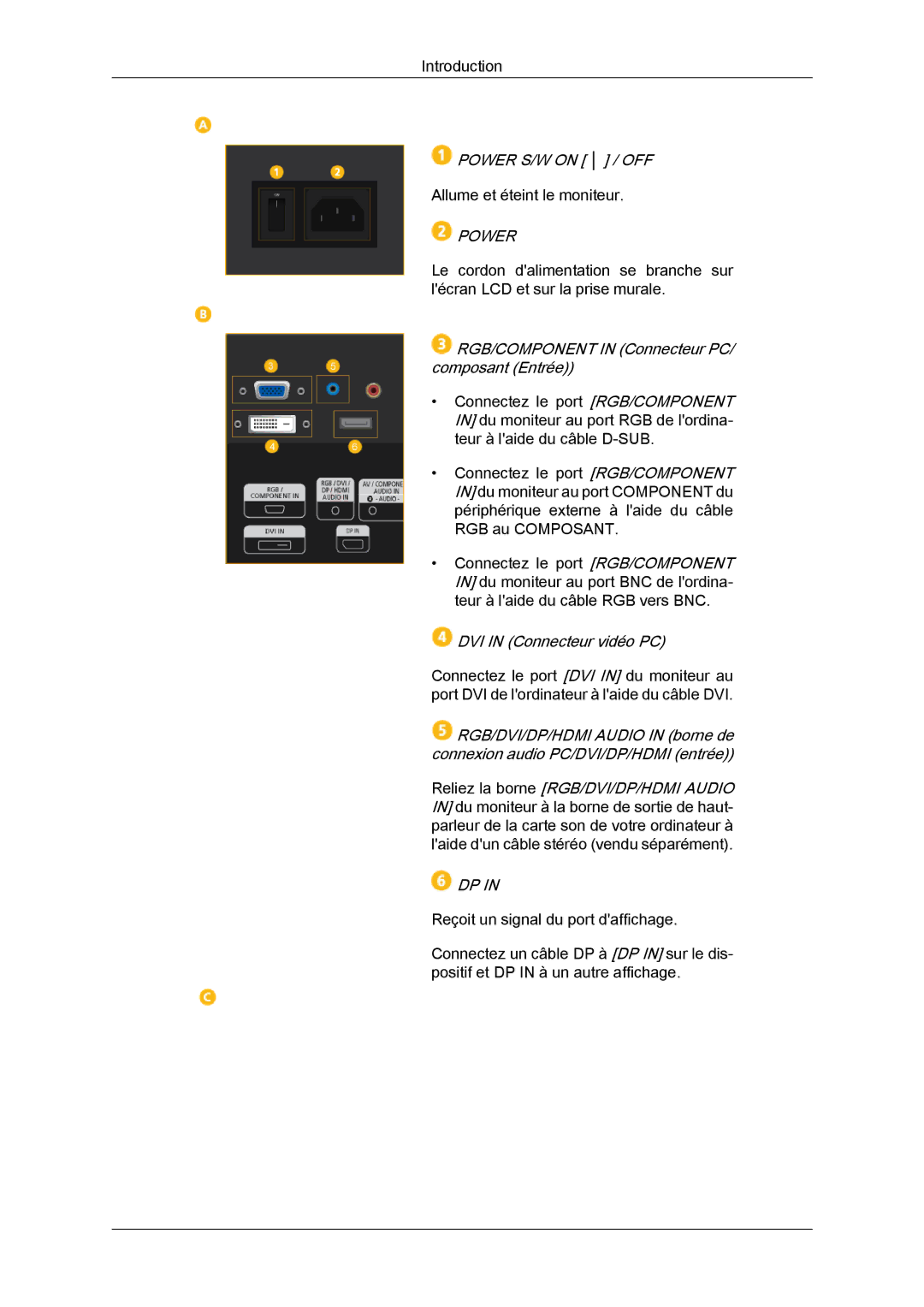 Samsung LH40HBPLBC/EN Power S/W on / OFF, RGB/COMPONENT in Connecteur PC/ composant Entrée, DVI in Connecteur vidéo PC 