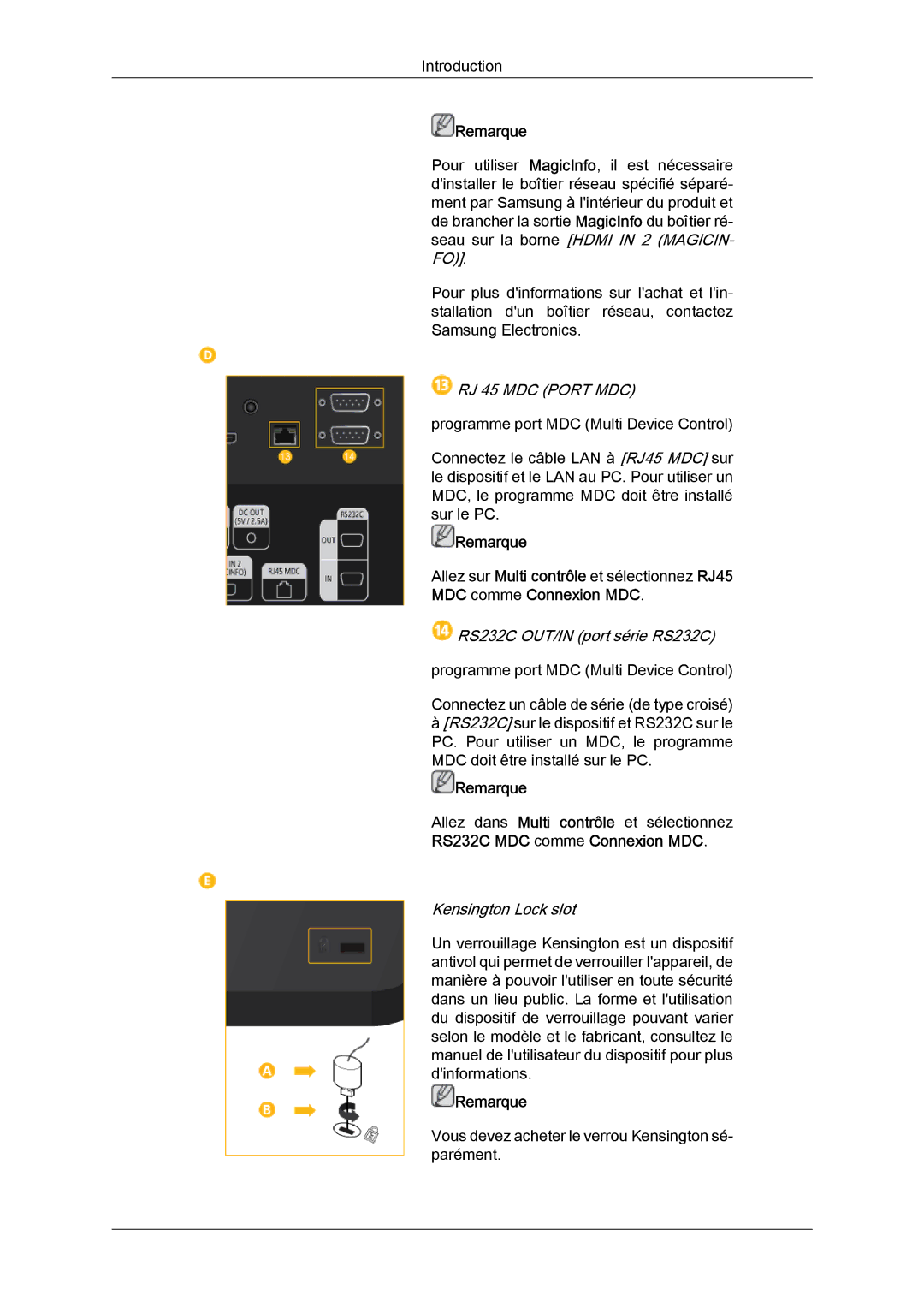 Samsung LH46HBPLBC/EN, LH40MGQLBC/EN manual RJ 45 MDC Port MDC, RS232C OUT/IN port série RS232C, Kensington Lock slot 