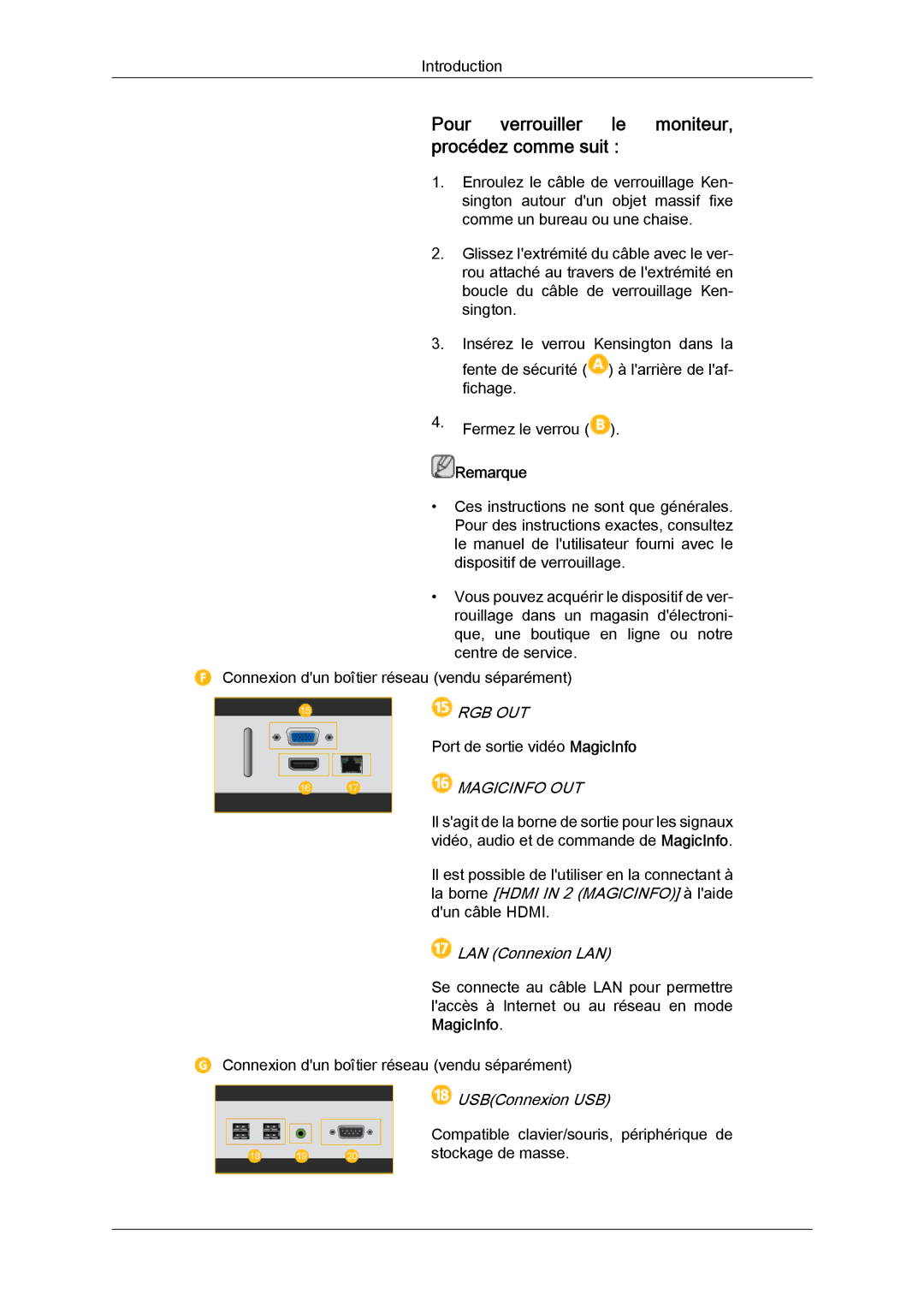 Samsung LH40MGQLBC/EN manual Pour verrouiller le moniteur, procédez comme suit, Rgb Out, Magicinfo OUT, LAN Connexion LAN 