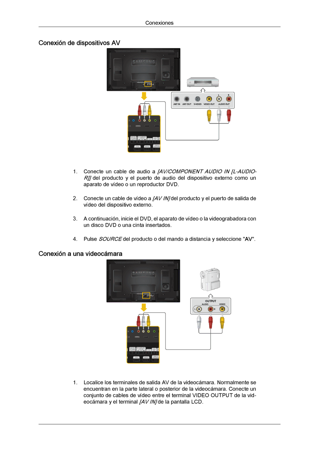 Samsung LH40MGQLBC/EN, LH46HBPLBC/EN, LH40HBPLBC/EN manual Conexión de dispositivos AV, Conexión a una videocámara 