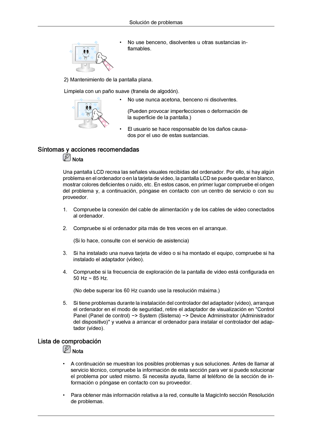 Samsung LH46HBPLBC/EN, LH40MGQLBC/EN, LH40HBPLBC/EN manual Síntomas y acciones recomendadas, Lista de comprobación 