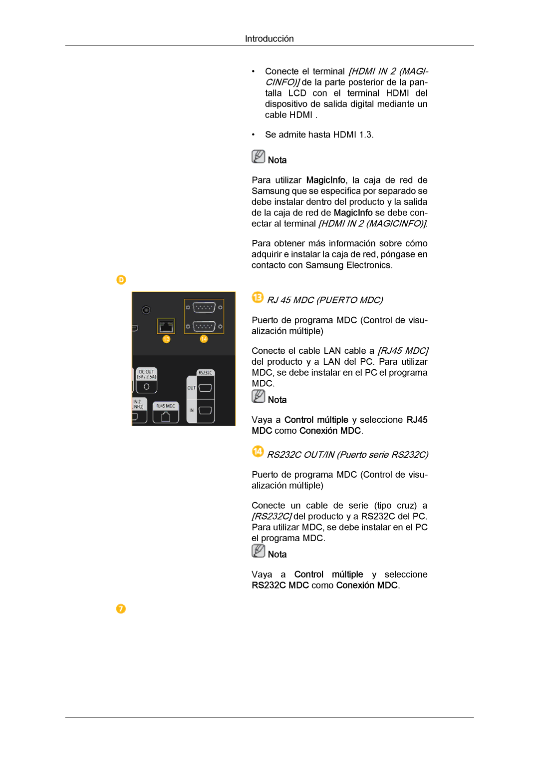 Samsung LH40HBPLBC/EN, LH46HBPLBC/EN, LH40MGQLBC/EN manual RJ 45 MDC Puerto MDC, RS232C OUT/IN Puerto serie RS232C 