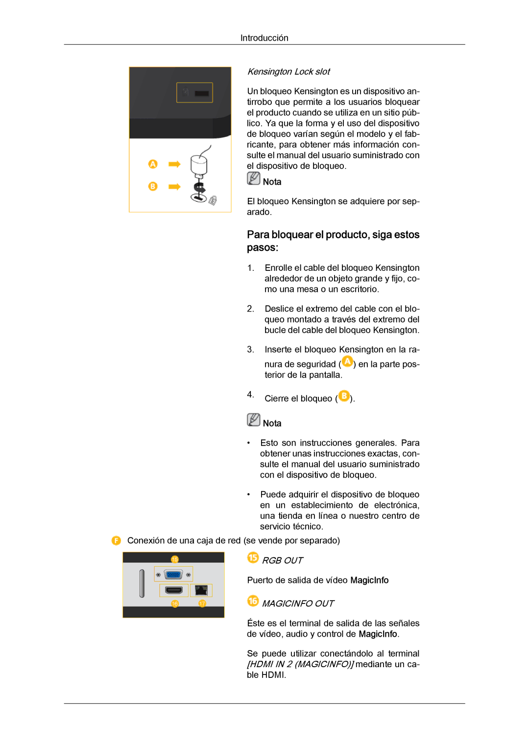 Samsung LH46HBPLBC/EN, LH40MGQLBC/EN, LH40HBPLBC/EN Para bloquear el producto, siga estos pasos, Rgb Out, Magicinfo OUT 