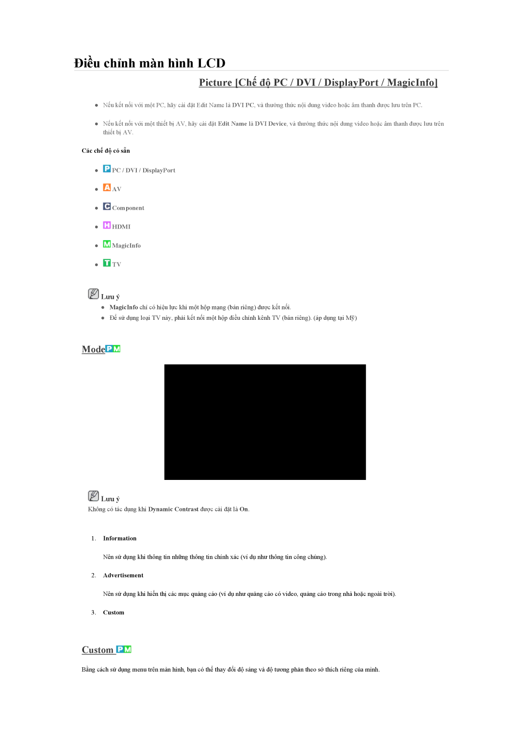 Samsung LH46HBPLBC/XY, LH40HBPLBC/XY, LH46HBPLBC/ZA manual Picture Chế độ PC / DVI / DisplayPort / MagicInfo, Mode, Custom 