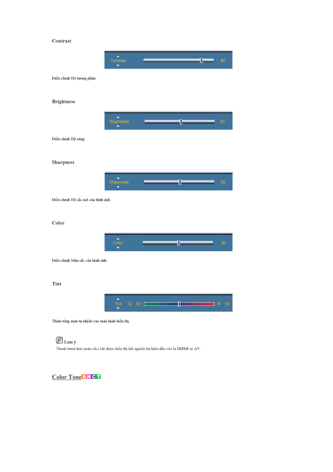 Samsung LH46HBPLBC/XY, LH40HBPLBC/XY, LH46HBPLBC/ZA manual Contrast, Brightness, Sharpness, Color, Tint 
