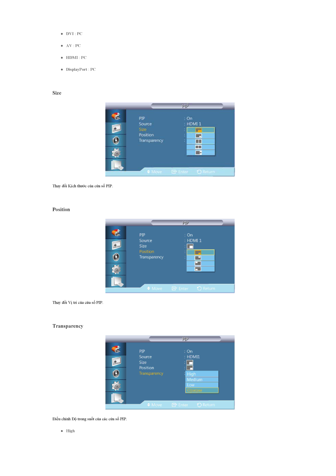 Samsung LH46HBPLBC/ZA, LH46HBPLBC/XY, LH40HBPLBC/XY manual Size, Position, Transparency 