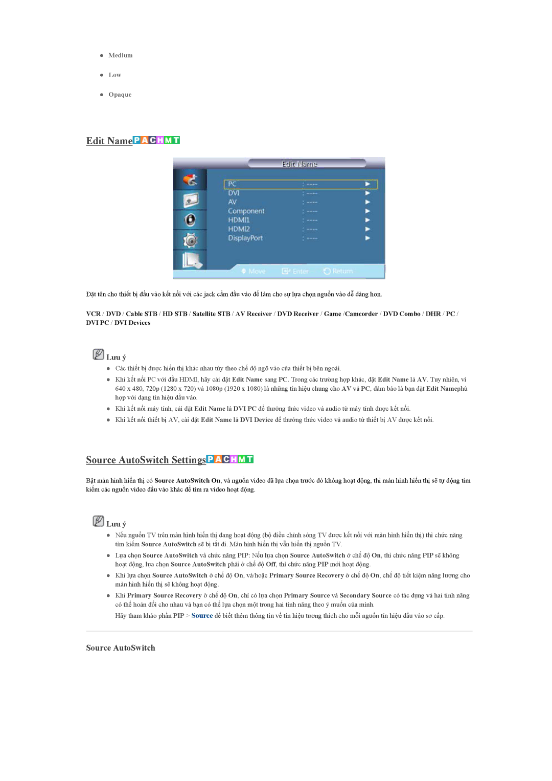 Samsung LH46HBPLBC/XY, LH40HBPLBC/XY, LH46HBPLBC/ZA manual Edit Name, Source AutoSwitch Settings 