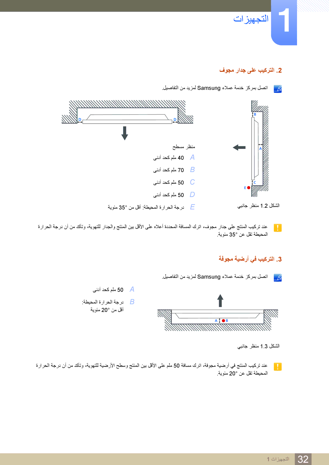 Samsung LH46MDBPLGC/NG, LH55MDBPLGC/NG, LH40MDBPLGC/NG, LH32MDBPLGC/NG manual ﻑﻮﺠﻣ ﺭﺍﺪﺟ ﻰﻠﻋ ﺐﻴﻛﺮﺘﻟﺍ, ﺔﻓﻮﺠﻣ ﺔﻴﺿﺭﺃ ﻲﻓ ﺐﻴﻛﺮﺘﻟﺍ 