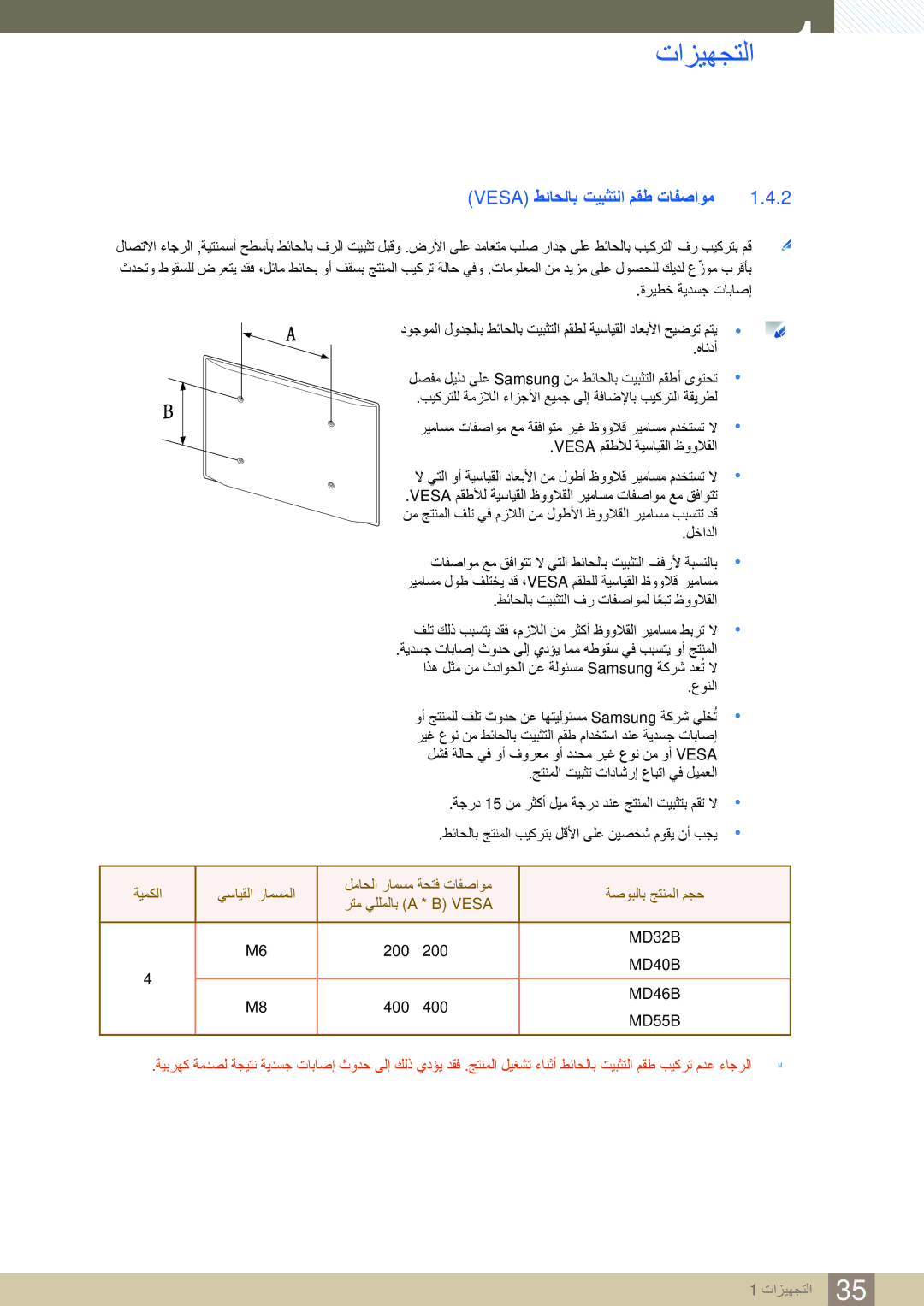 Samsung LH32MDBPLGC/NG, LH46MDBPLGC/NG, LH55MDBPLGC/NG, LH40MDBPLGC/NG manual Vesa ﻂﺋﺎﺤﻟﺎﺑ ﺖﻴﺒﺜﺘﻟﺍ ﻢﻘﻃ ﺕﺎﻔﺻﺍﻮﻣ 