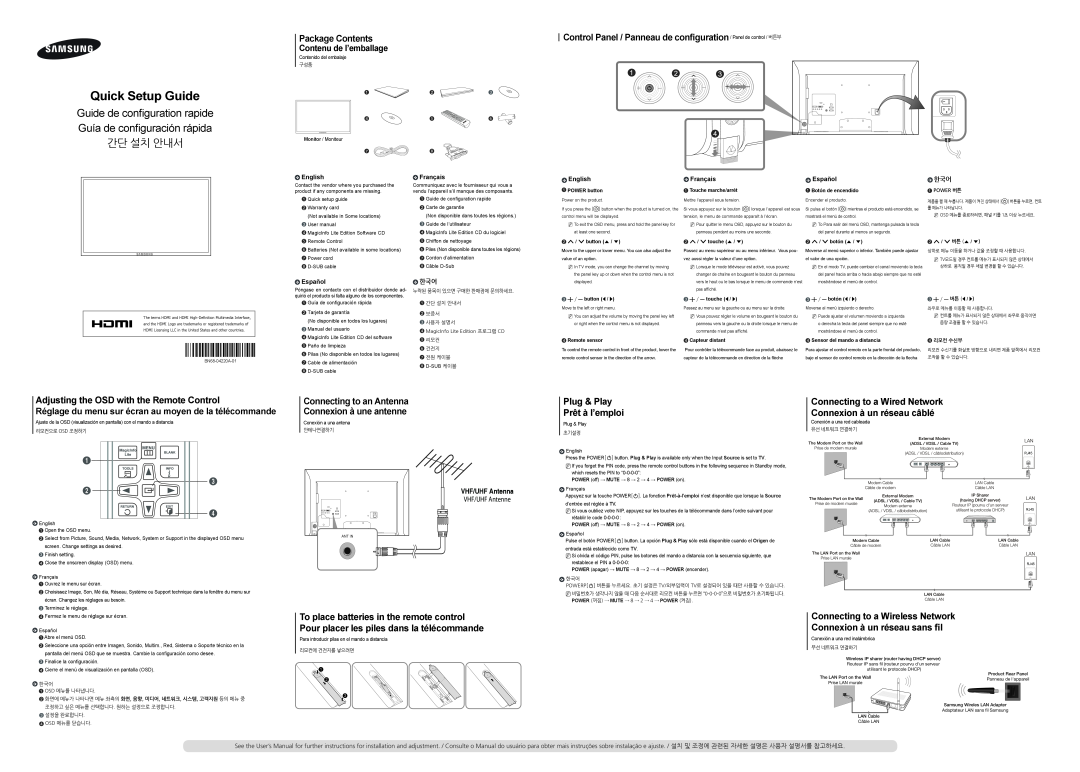 Samsung LH55MDBPLGC/NG manual Package Contents, Control Panel / Panneau de conﬁguration/ Panel de control / 버튼부, 간단 설치 안내서 
