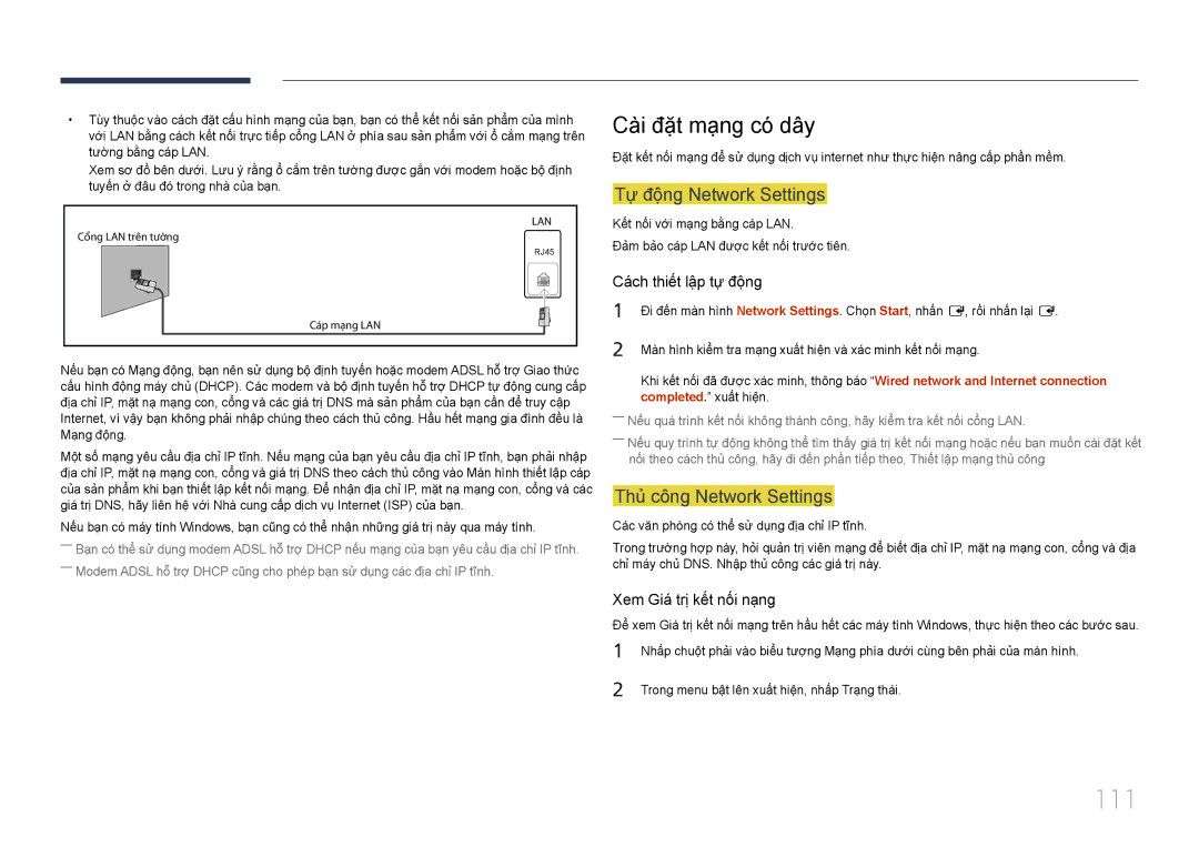 Samsung LH40MDCPLGC/XY manual 111, Cài đặt mạng có dây, Tự động Network Settings, Thủ công Network Settings 