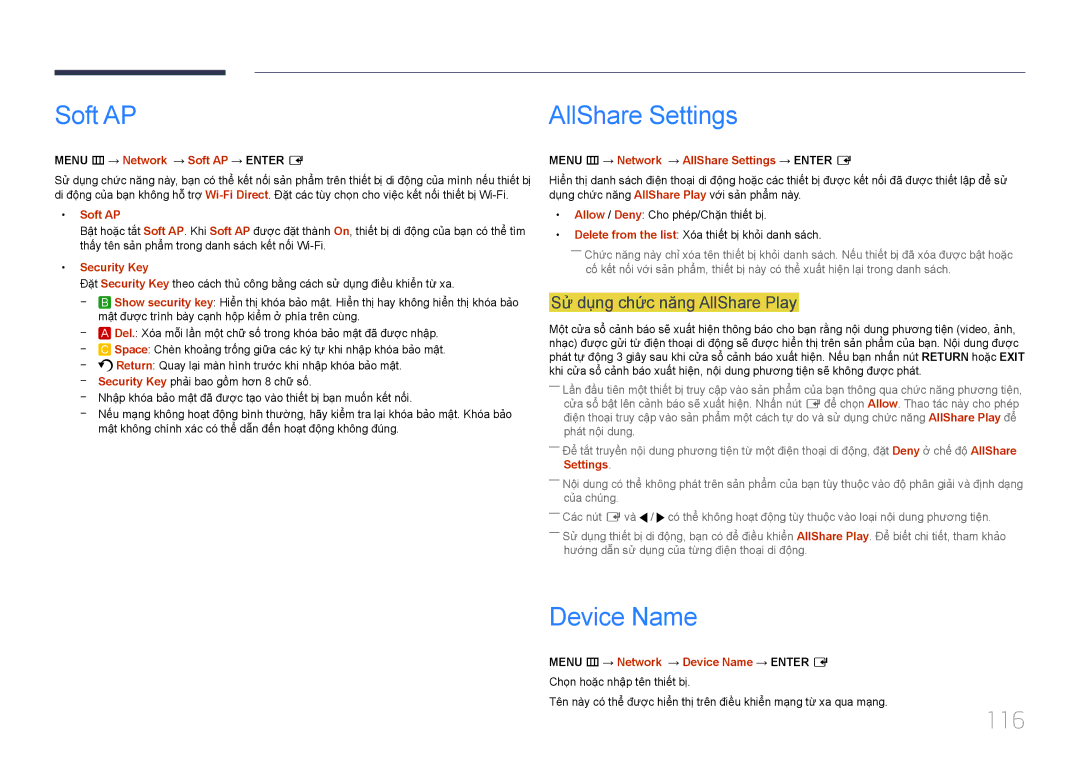 Samsung LH46MDCPLGC/XY, LH55MDCPLGC/XY, LH32MDCPLGC/XY manual Soft AP, Device Name, 116, Sư dung chức năng AllShare Play 
