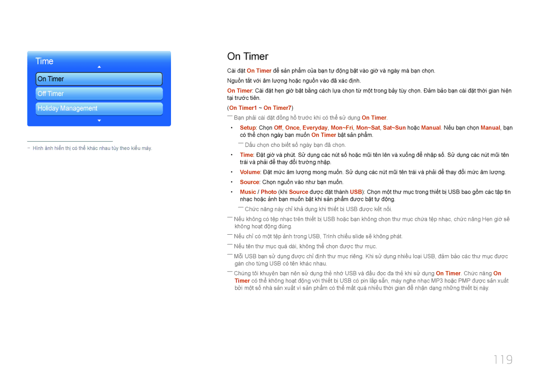Samsung LH40MDCPLGC/XY, LH46MDCPLGC/XY, LH55MDCPLGC/XY, LH32MDCPLGC/XY manual 119, On Timer1 ~ On Timer7 