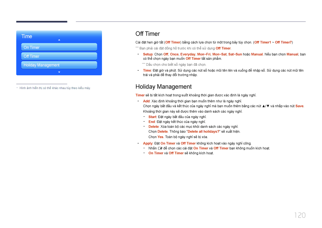 Samsung LH46MDCPLGC/XY, LH55MDCPLGC/XY, LH32MDCPLGC/XY, LH40MDCPLGC/XY manual 120, Off Timer, Holiday Management 