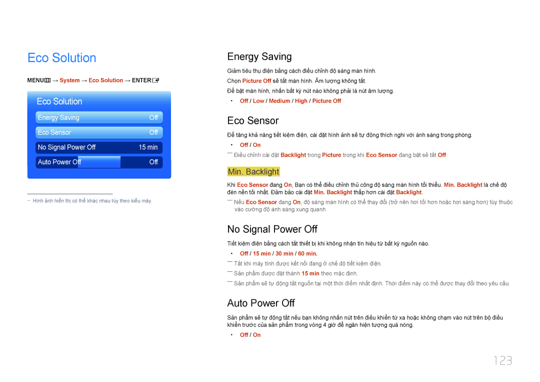 Samsung LH40MDCPLGC/XY, LH46MDCPLGC/XY, LH55MDCPLGC/XY, LH32MDCPLGC/XY manual Eco Solution, 123 