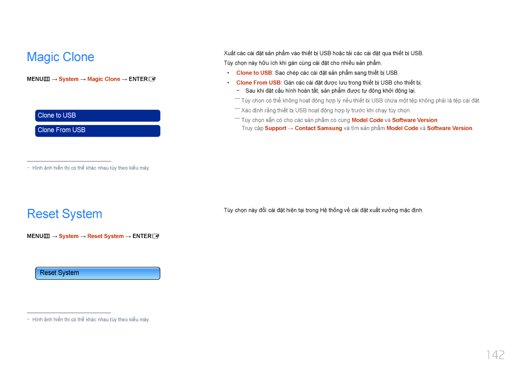 Samsung LH32MDCPLGC/XY, LH46MDCPLGC/XY, LH55MDCPLGC/XY, LH40MDCPLGC/XY manual Magic Clone, Reset System, 142 