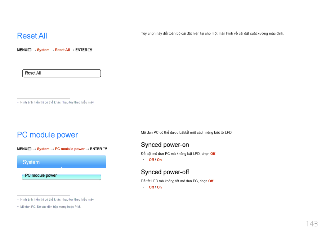 Samsung LH40MDCPLGC/XY, LH46MDCPLGC/XY, LH55MDCPLGC/XY Reset All, PC module power, 143, Synced power-on, Synced power-off 