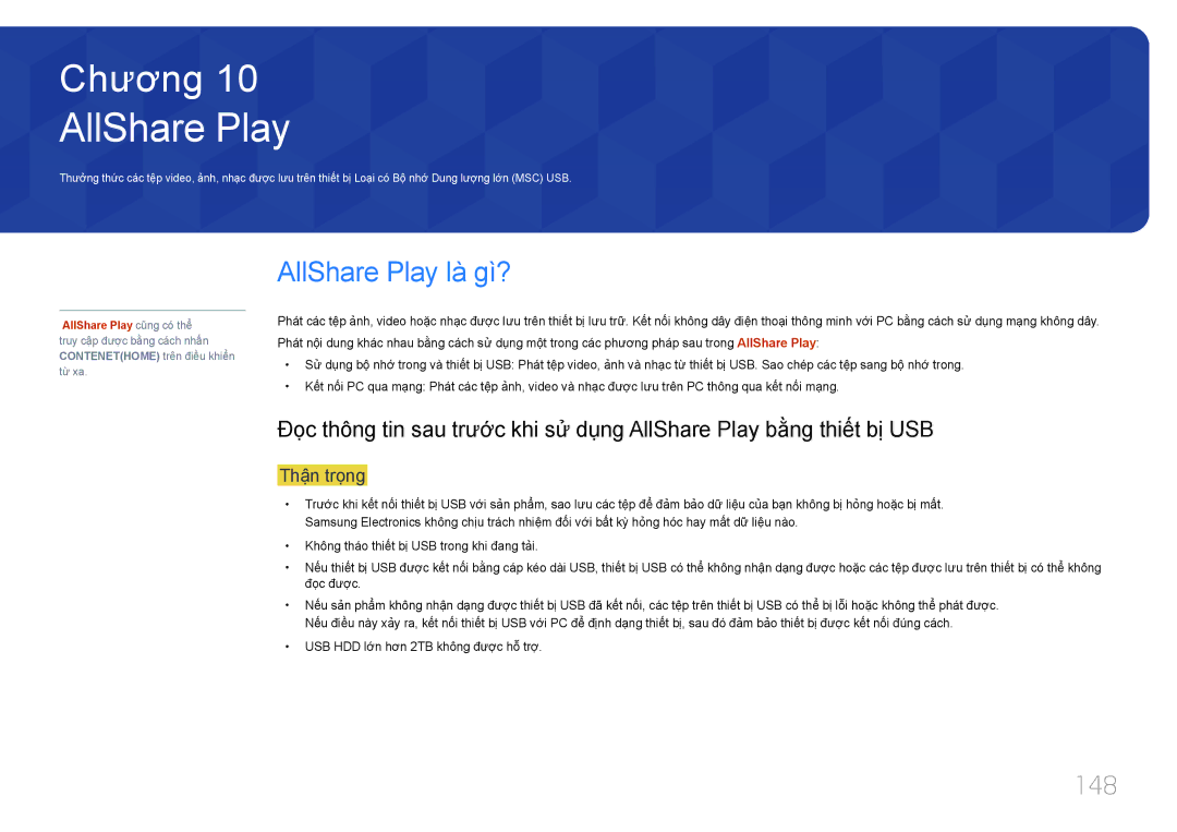 Samsung LH46MDCPLGC/XY, LH55MDCPLGC/XY manual AllShare Play là gì?, 148, USB HDD lơn hơn 2TB không được hỗ trợ 